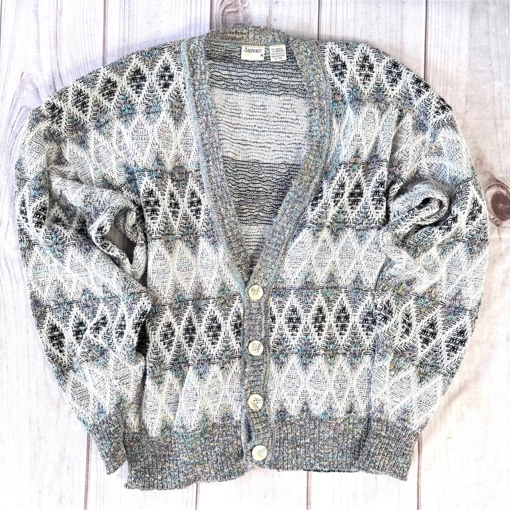Vintage 80s 90s Mens Bachrach Cardigan Sweater Diamond Textured Multicolor Knit